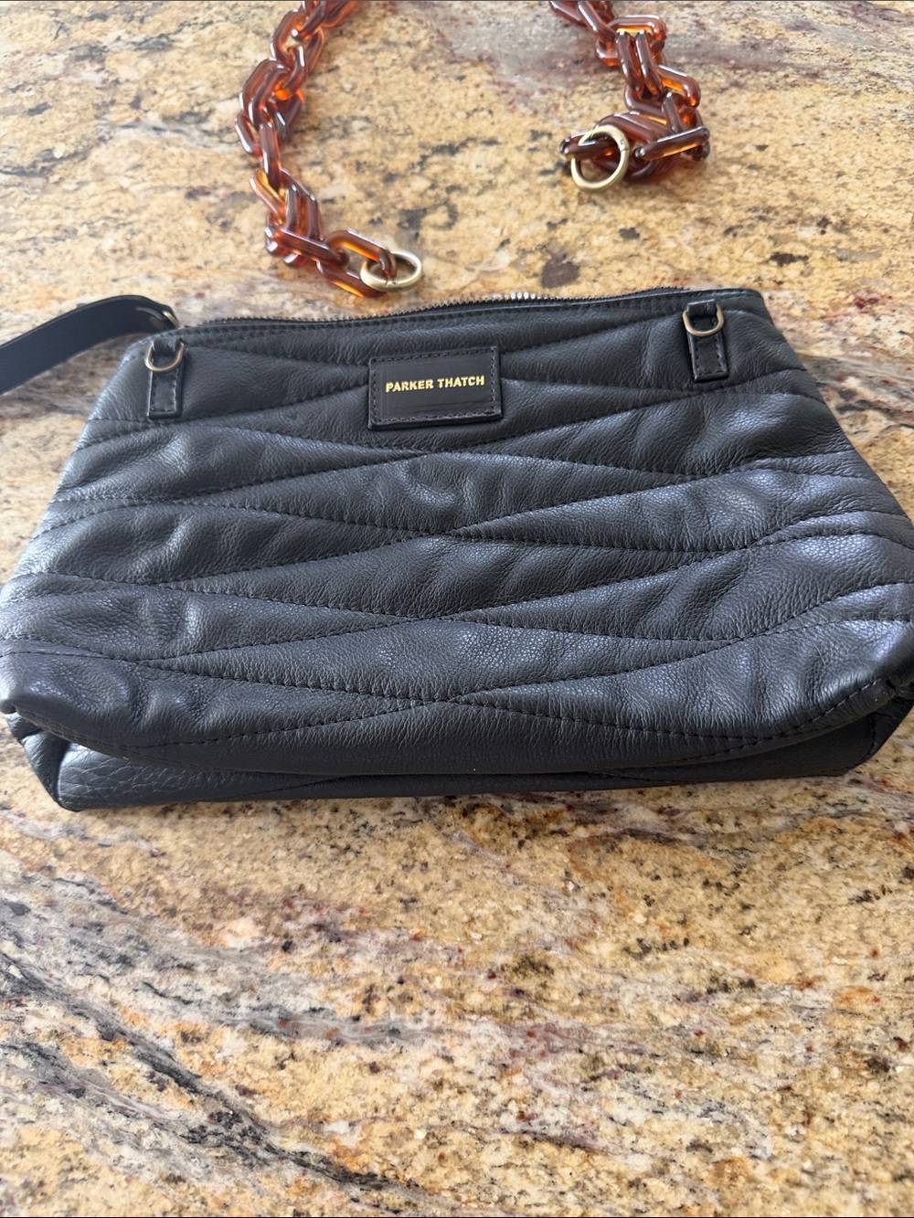 Black Quilted Leather Crossbody Bag with Tortoise Chain with bag. - Picture 3 of 5